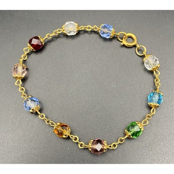 Unbranded Jewelry - Vtg Multicolor Faceted Glass Bead Bracelet 7" Gold Tone Czech Crystal Style GLOW